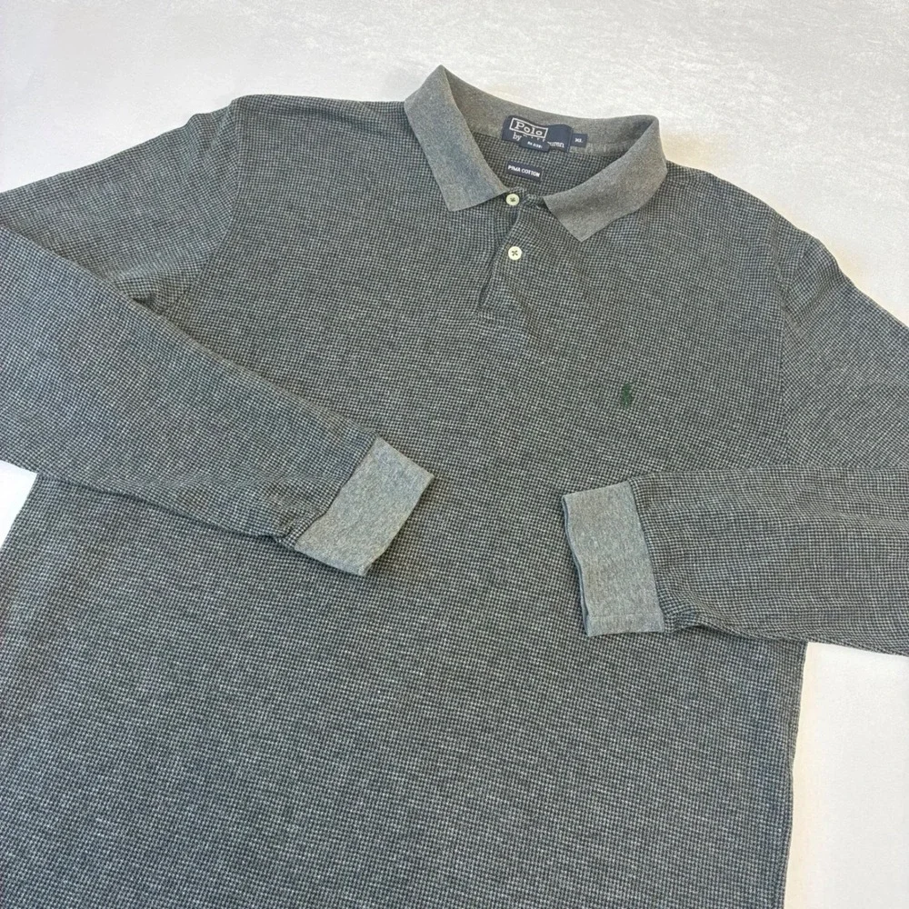 Polo Ralph Lauren Polo Shirt Mens XL Grey Pima Cotton Long‎ Sleeve Houndstooth